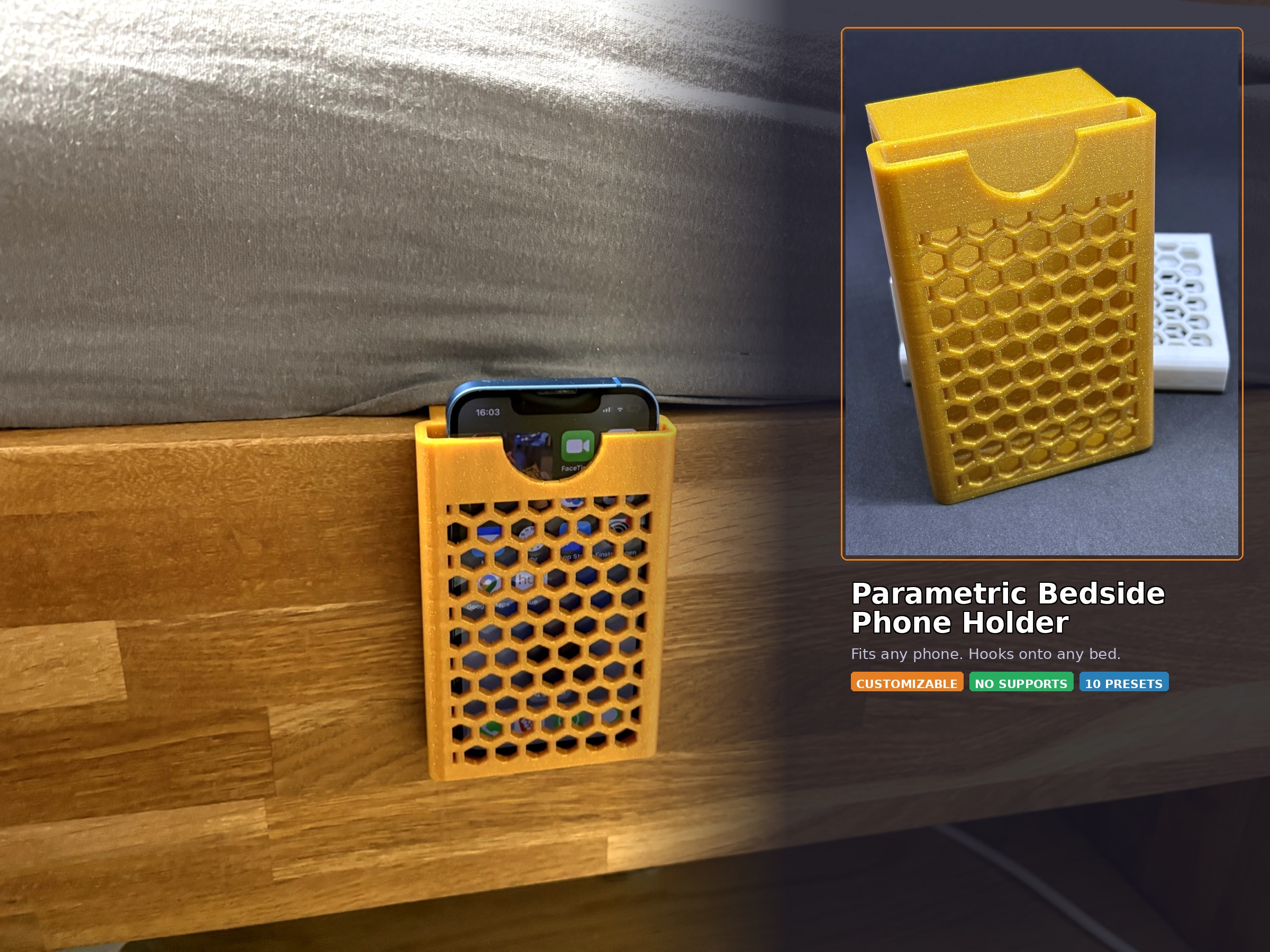 Parametric Bedside Phone Holder - Customizable for Any Phone & Bed Frame preview