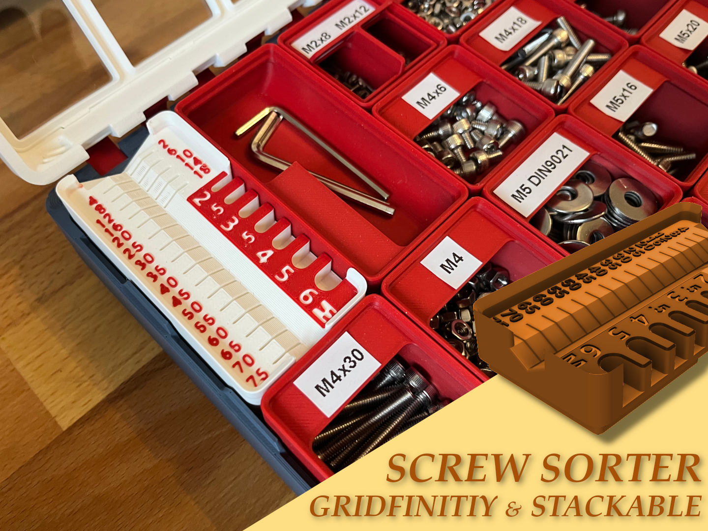 Gridfinity Stackable Mini Metric Screw Sorter preview 1